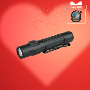 Olight flashlight with free bunny rabbit patch, red background with hearts and sparkles, Valentine's Day gift