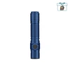 Olight Warrior Ultra blue tactical flashlight with textured grip and side switch on a white background
