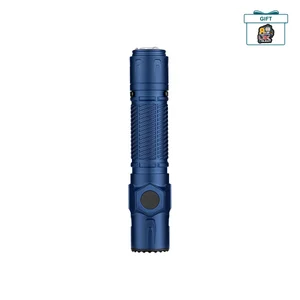 Olight Warrior Ultra blue tactical flashlight with textured grip and side switch on a white background