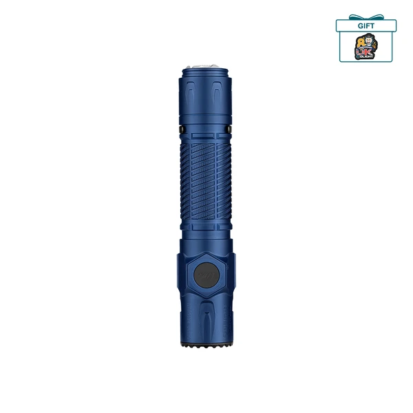 Olight Warrior Ultra blue tactical flashlight with textured grip and side switch on a white background