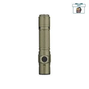 Olight Warrior Ultra tactical flashlight in olive drab green with textured grip and side switch on white background