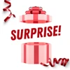 Opened pink gift box with red ribbon and Surprise text on white background