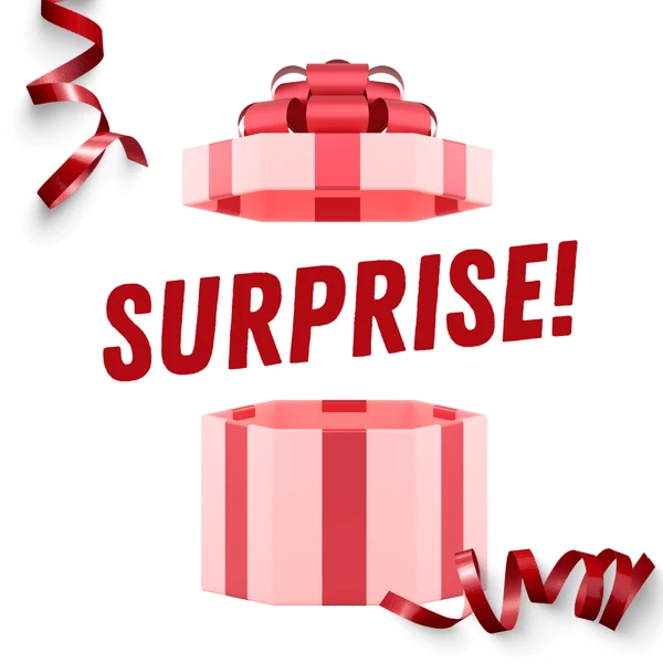 Opened pink gift box with red ribbon and Surprise text on white background