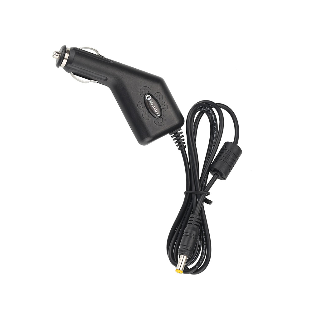 Olight black car charger adapter with cable and yellow tip connector isolated on white background
