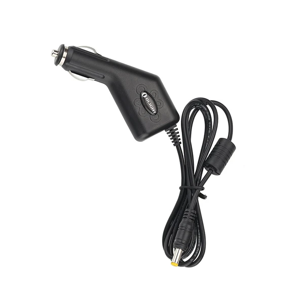Olight black car charger adapter with cable and yellow tip connector isolated on white background