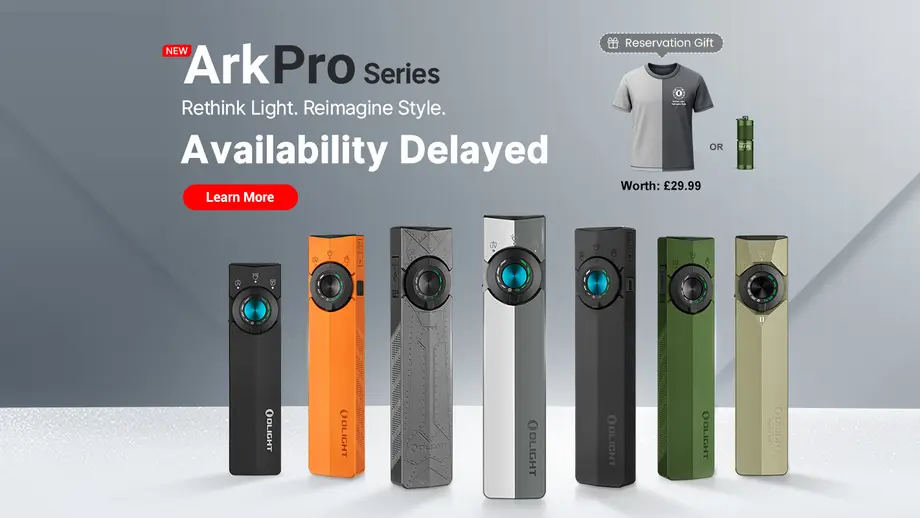 Olight ArkPro Series flashlights in multiple colors. Availability delayed. Reservation gift: shirt or mini light.