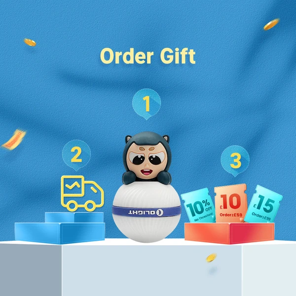 Olight order gift promotion showcasing a cartoon mascot on a podium, shipping icons, and discount coupon vouchers.