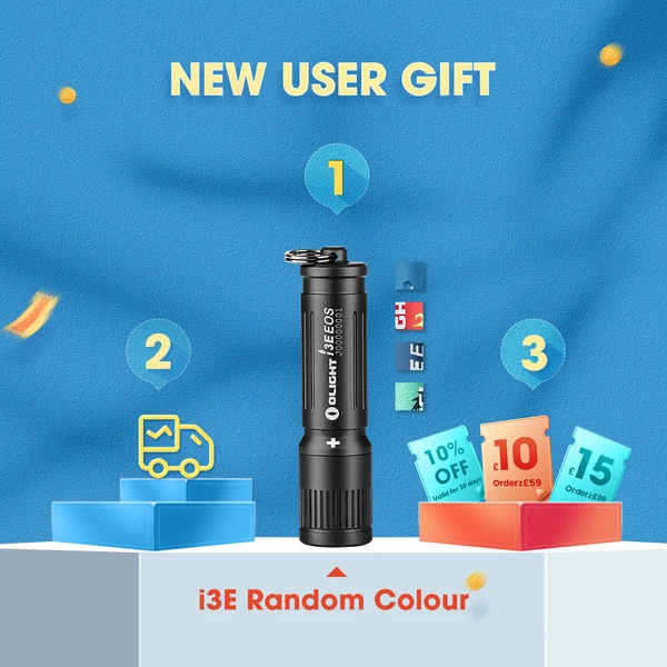 Olight i3E EOS flashlight new user gift: random color, free shipping, and discount coupons.